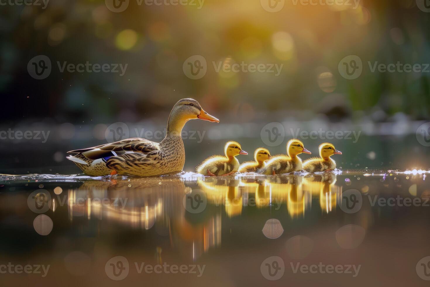 Family of ducks swimming in pond, ducklings following closely behind, charming scene of wildlife photo