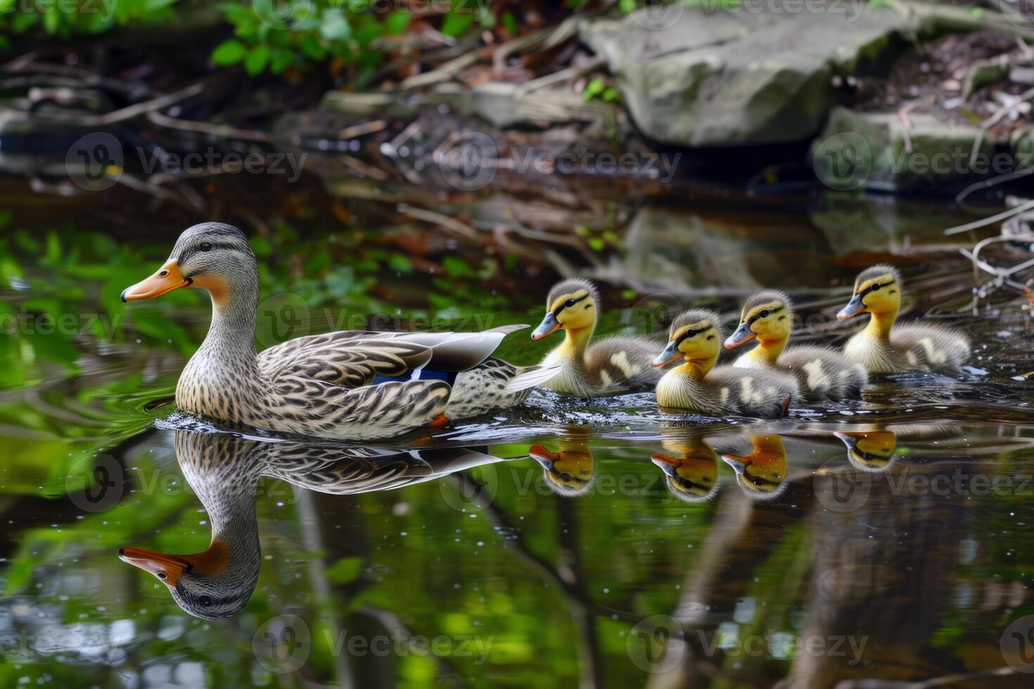Family of ducks swimming in pond, ducklings following closely behind, charming scene of wildlife photo