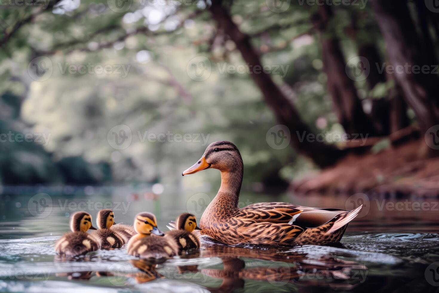 Family of ducks swimming in pond, ducklings following closely behind, charming scene of wildlife photo