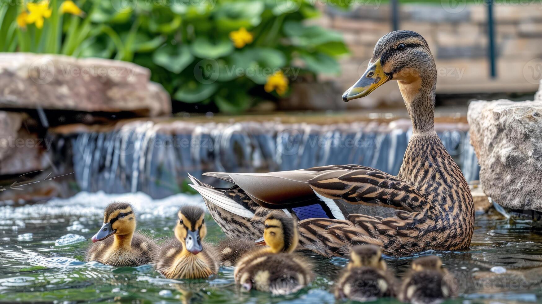Family of ducks swimming in pond, ducklings following closely behind, charming scene of wildlife photo