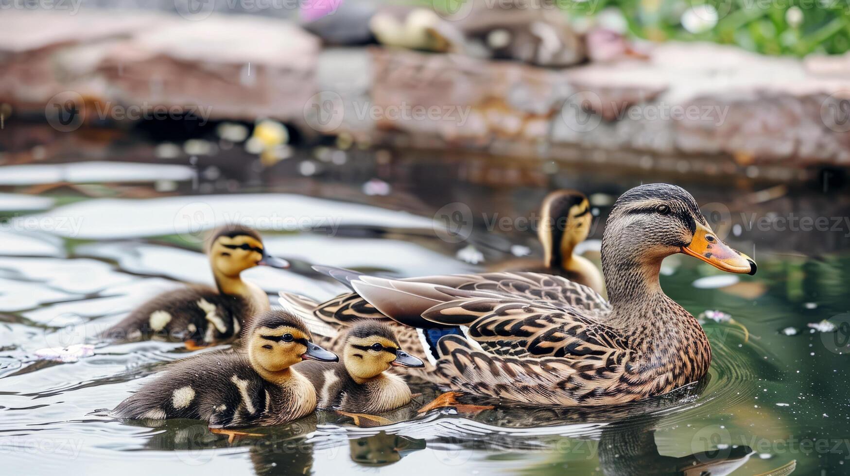 Family of ducks swimming in pond, ducklings following closely behind, charming scene of wildlife photo