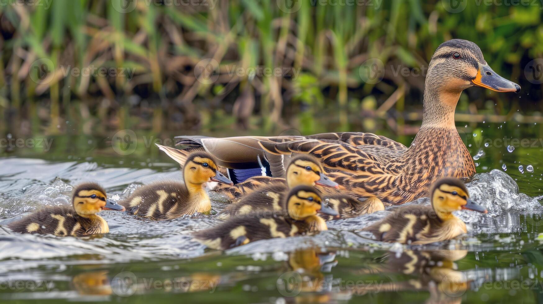 Family of ducks swimming in pond, ducklings following closely behind, charming scene of wildlife photo