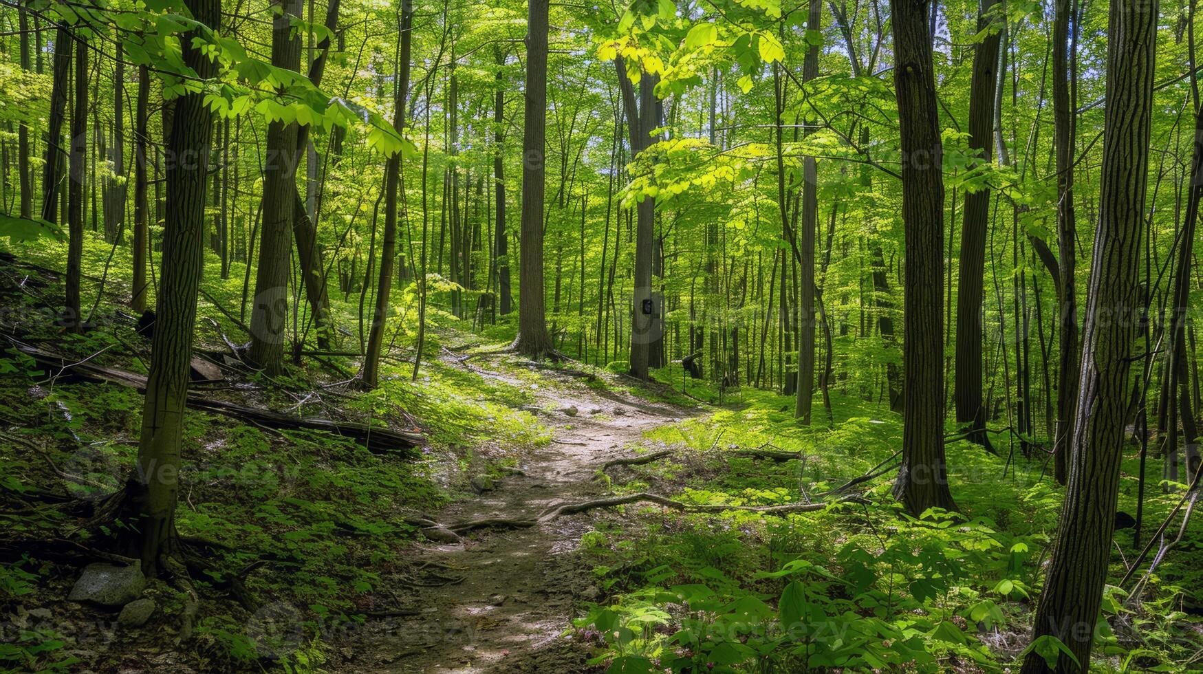 Canopy of trees providing shade for tranquil hike through lush forest, escaping the summer heat photo