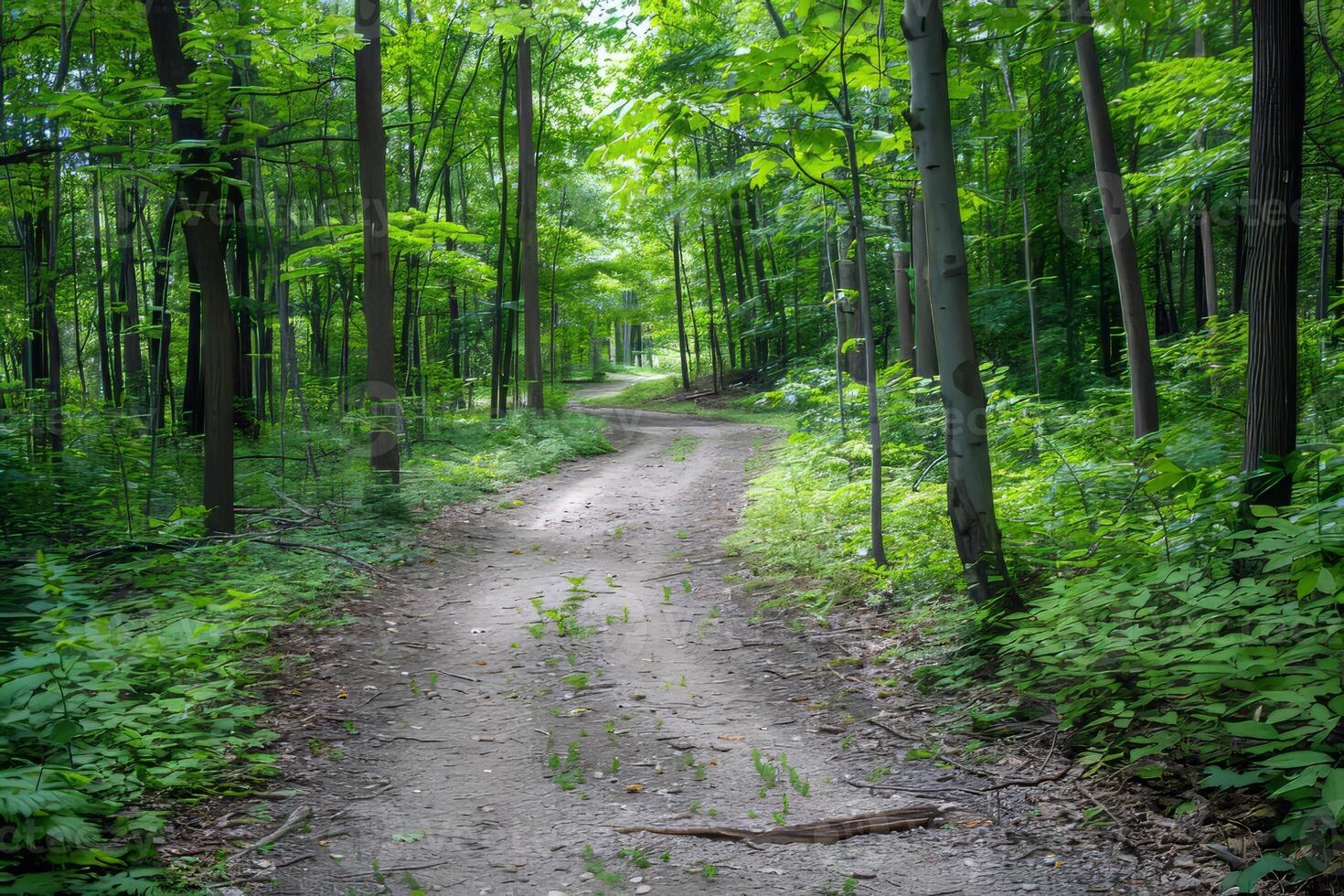 Canopy of trees providing shade for tranquil hike through lush forest, escaping the summer heat photo