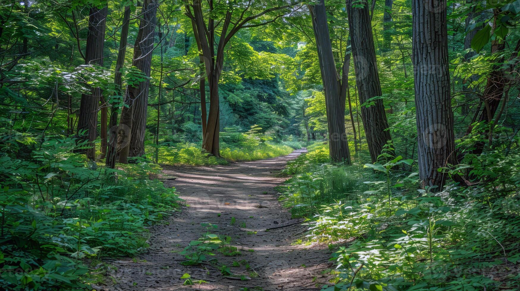 Canopy of trees providing shade for tranquil hike through lush forest, escaping the summer heat photo