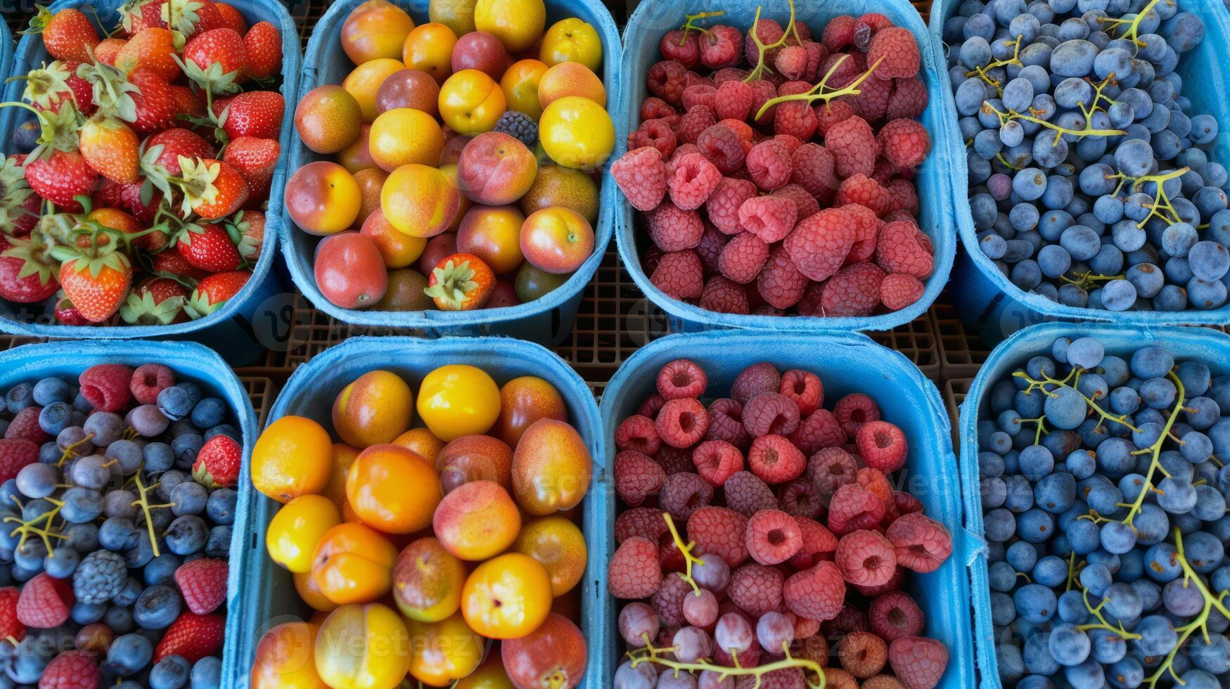 Colorful array of fresh fruits at farmer's market, bursting with flavors of the summer harvest photo
