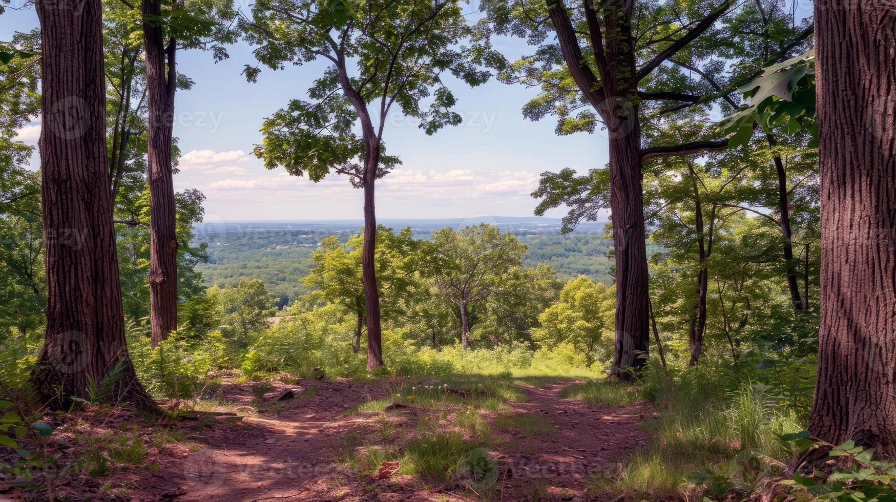 Canopy of trees providing shade for tranquil hike through lush forest, escaping the summer heat photo