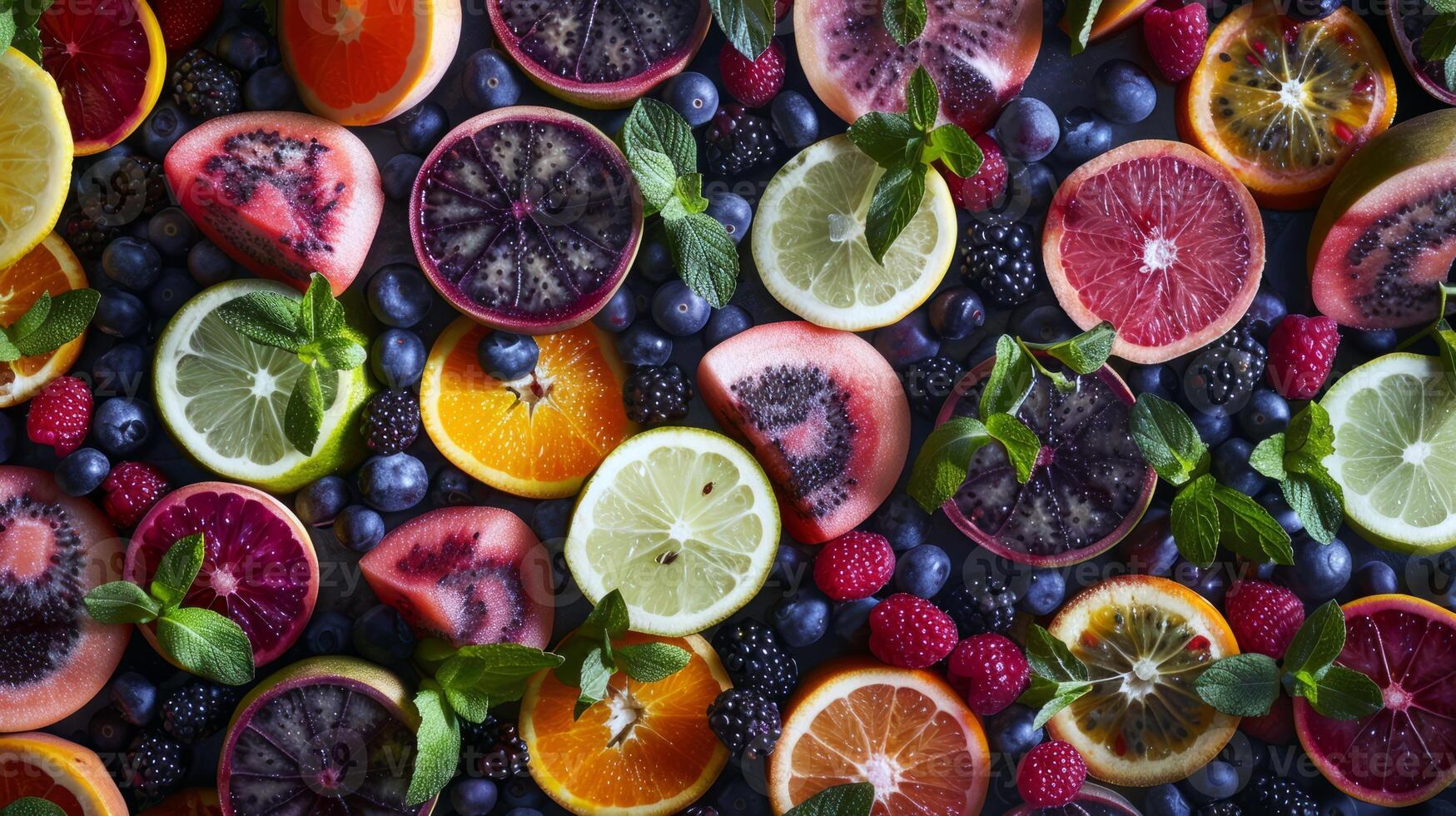 Colorful array of fresh fruits at farmer's market, bursting with flavors of the summer harvest photo