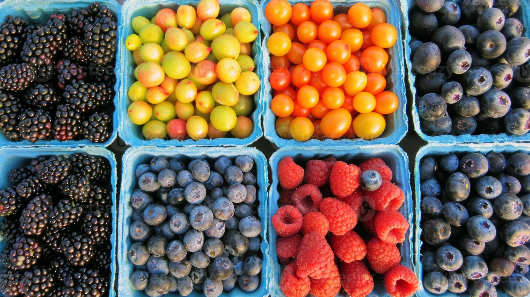 Colorful array of fresh fruits at farmer's market, bursting with flavors of the summer harvest photo