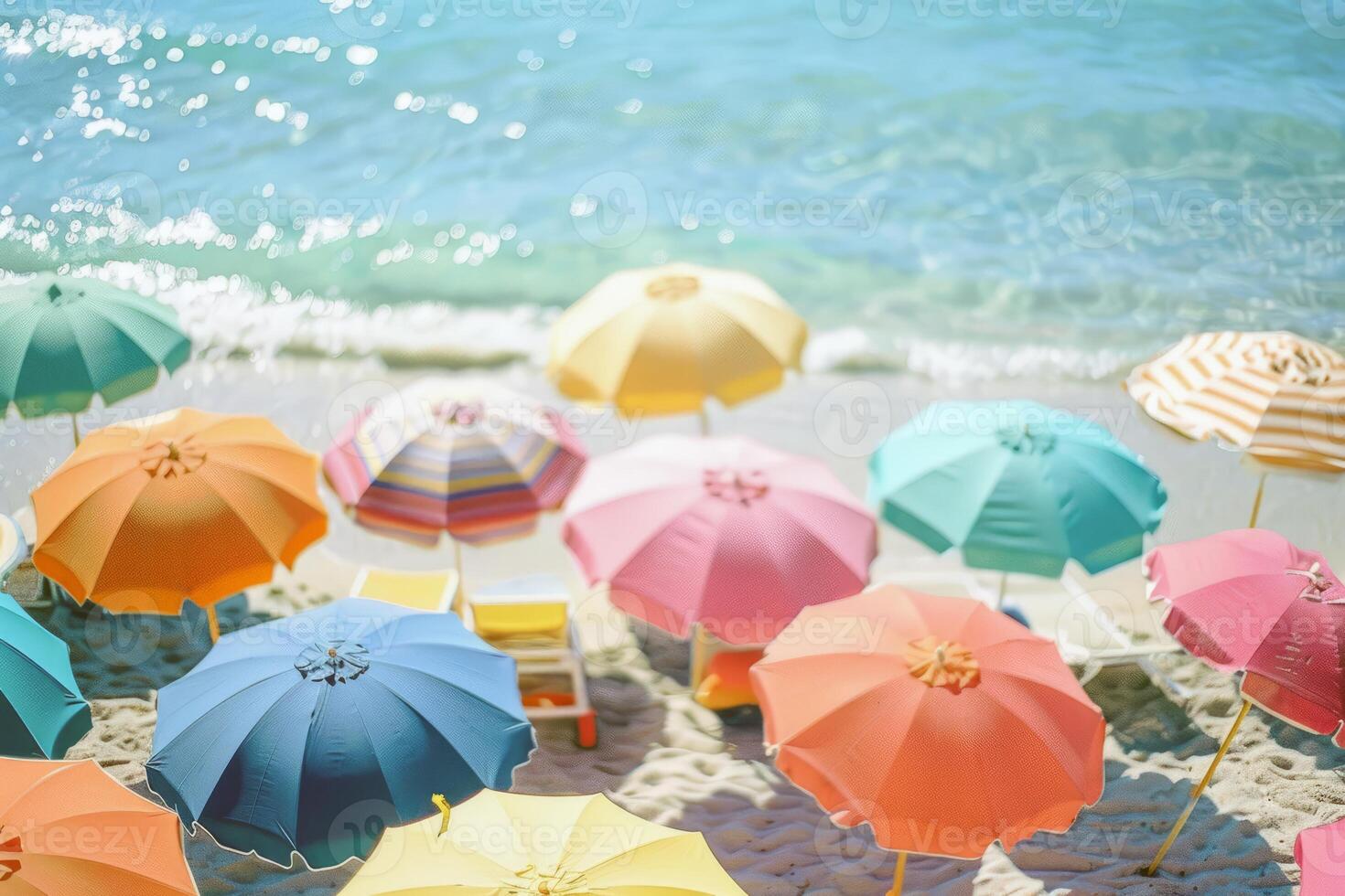 Colorful beach umbrellas dotting the sandy shoreline, providing shelter from the midday sun photo