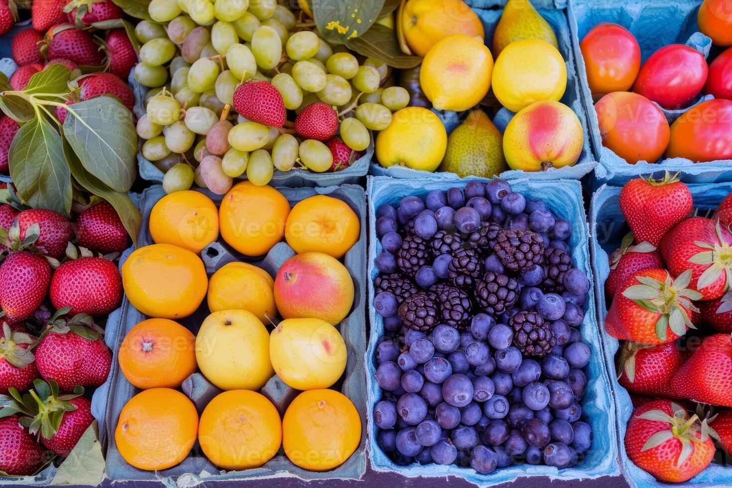 Colorful array of fresh fruits at farmer's market, bursting with flavors of the summer harvest photo