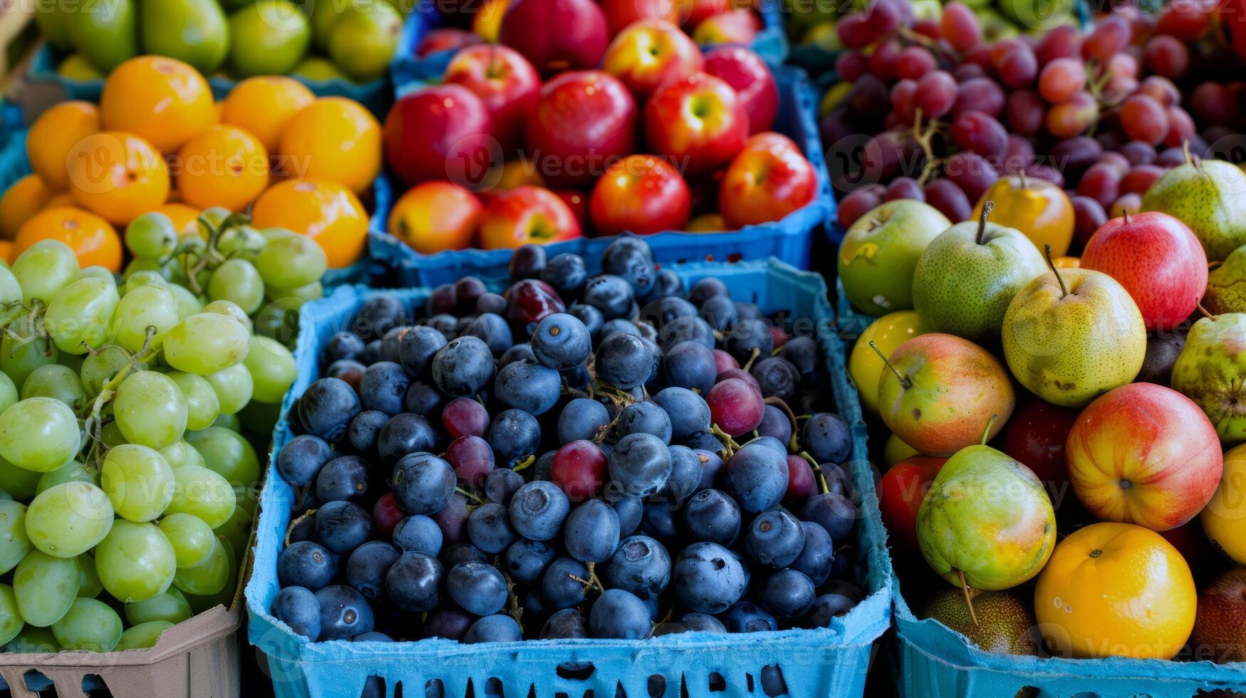 Colorful array of fresh fruits at farmer's market, bursting with flavors of the summer harvest photo