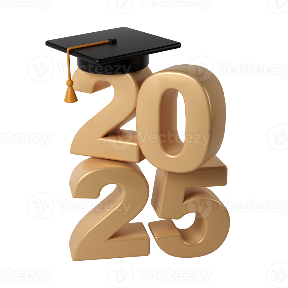 Class of 2025 3d icon. Congratulation graduates design template with black cap and numbers. Gold