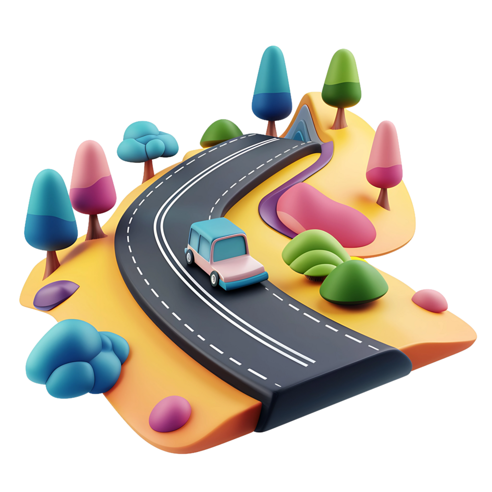 Playful 3D journey with a whimsical blue car winding through vibrant hills and stylized trees, evoking a sense of adventure png
