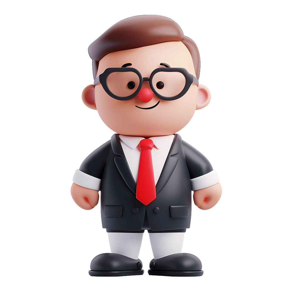 A 3d cartoon businessman in a suit and glasses with a red tie and a red nose png