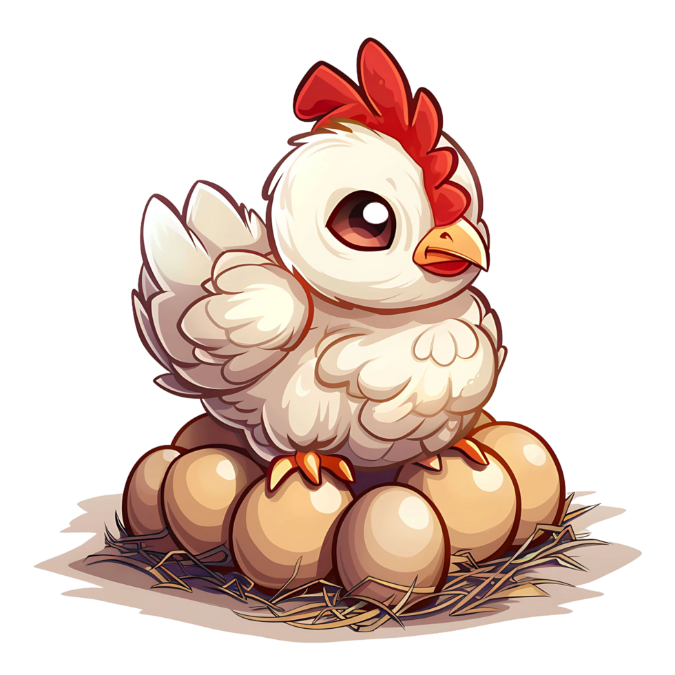 cartoon illustration of hen incubating eggs on transparent background png