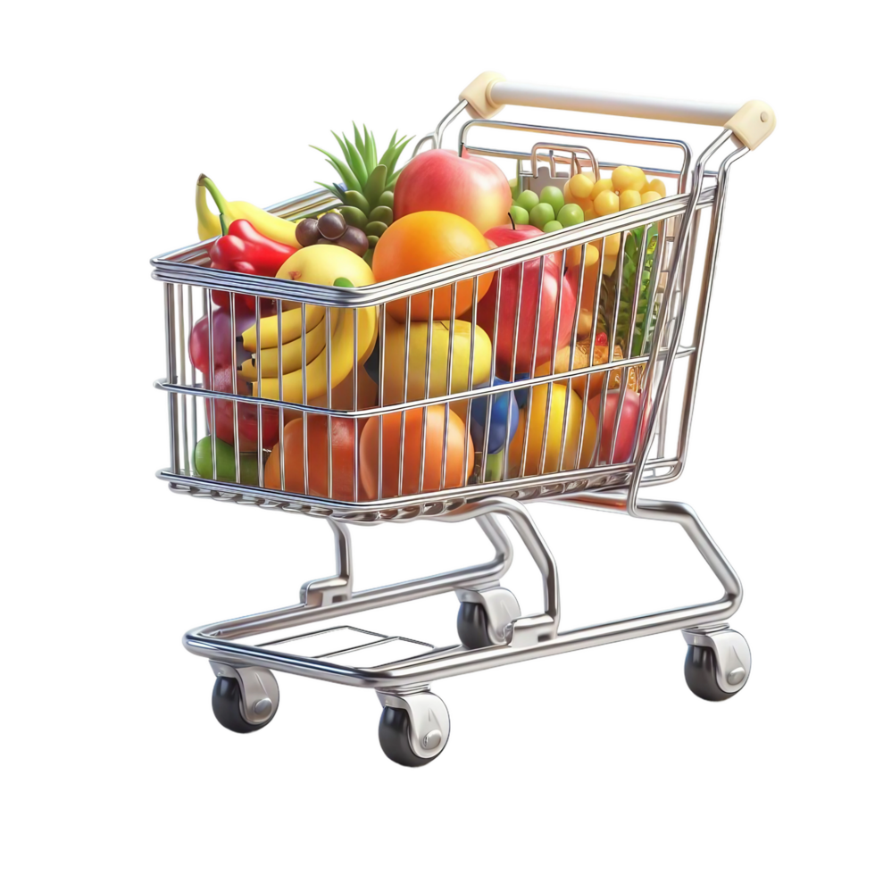 shopping cart with fruits and vegetables on transparent background png