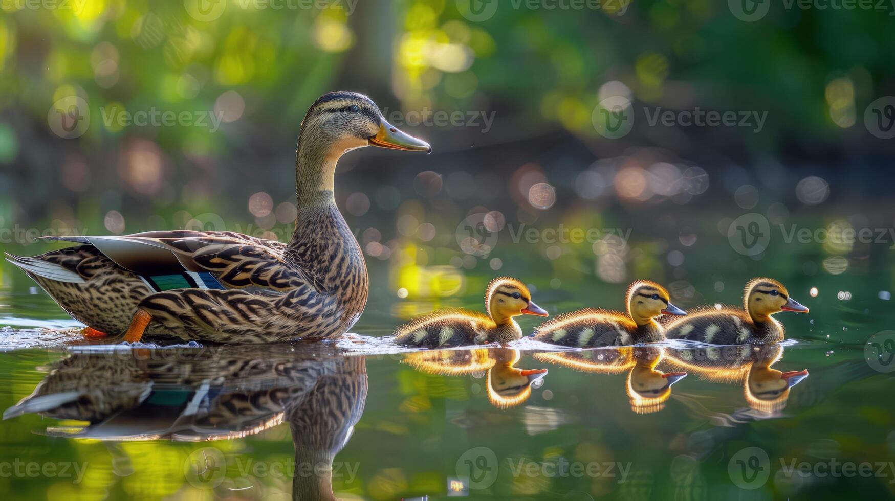 Family of ducks swimming in pond, ducklings following closely behind, charming scene of wildlife photo