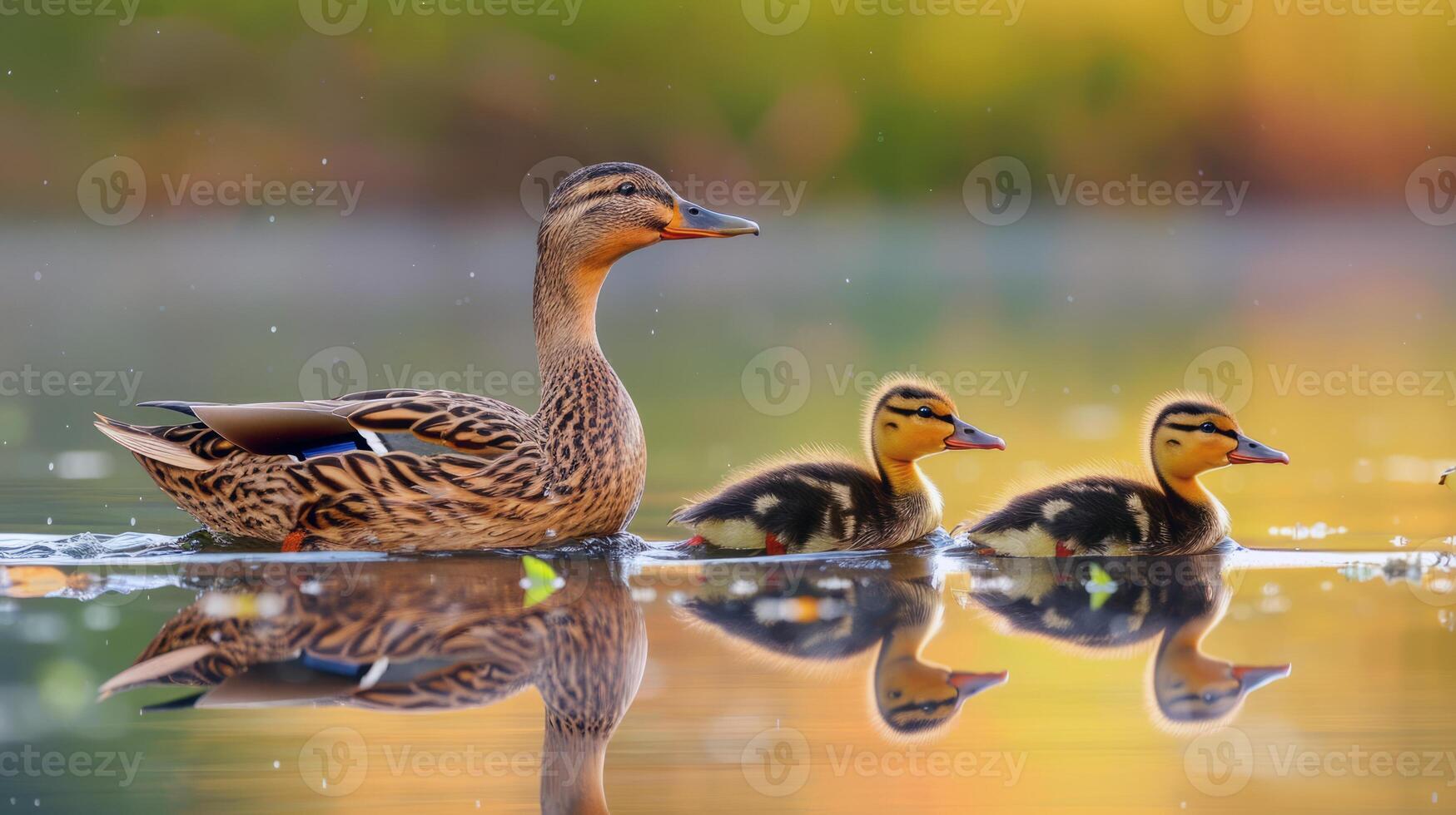 Family of ducks swimming in pond, ducklings following closely behind, charming scene of wildlife photo