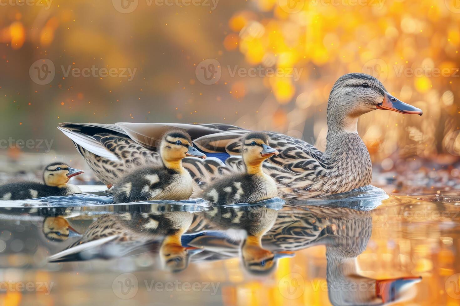 Family of ducks swimming in pond, ducklings following closely behind, charming scene of wildlife photo