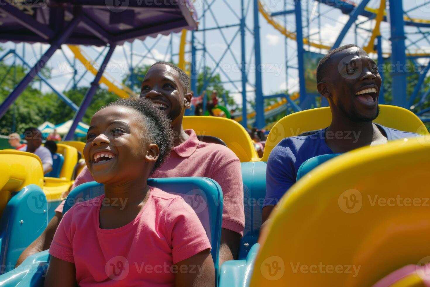 Family of four enjoying day of fun and laughter at amusement park, riding roller coasters photo