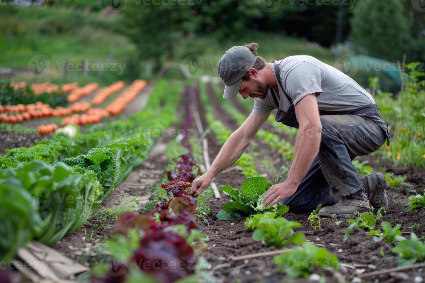 Farmer tending to rows of ripe vegetables in bountiful summer garden photo