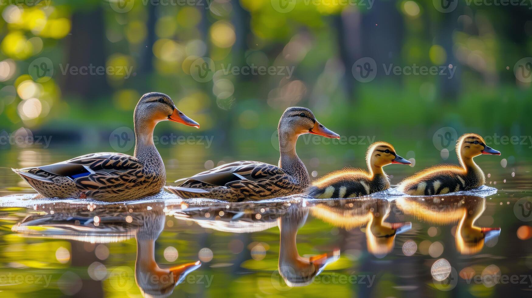 Family of ducks swimming in pond, ducklings following closely behind, charming scene of wildlife photo