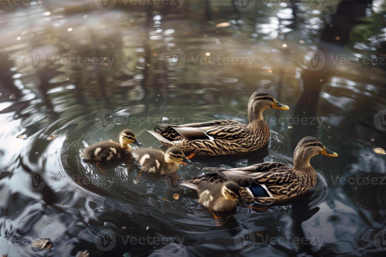 Family of ducks swimming in pond, ducklings following closely behind, charming scene of wildlife photo