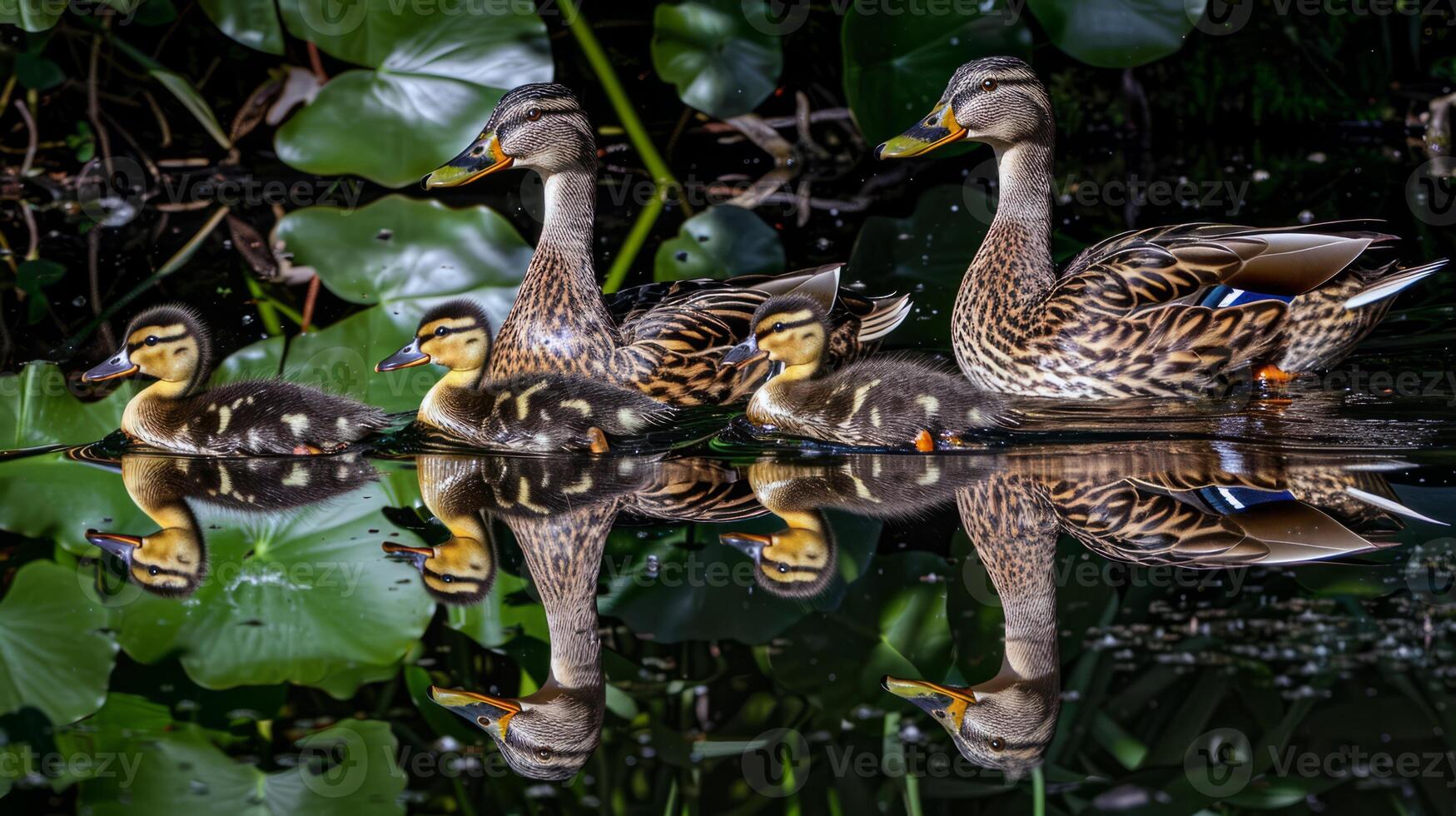 Family of ducks swimming in pond, ducklings following closely behind, charming scene of wildlife photo