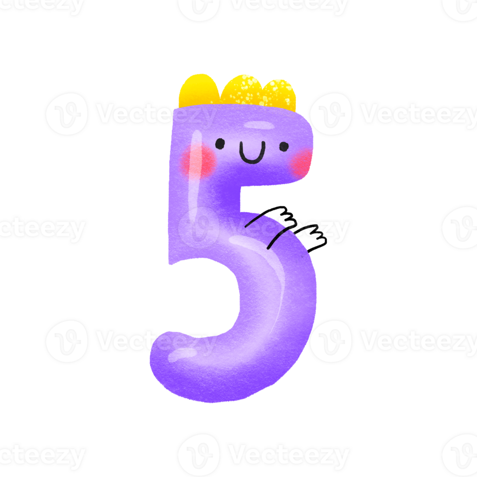 Funny cartoon number 5 like dinosaur. Cirfra five dino. Monster. Baby shower print capturing. Baby month anniversary card. Nursery print png