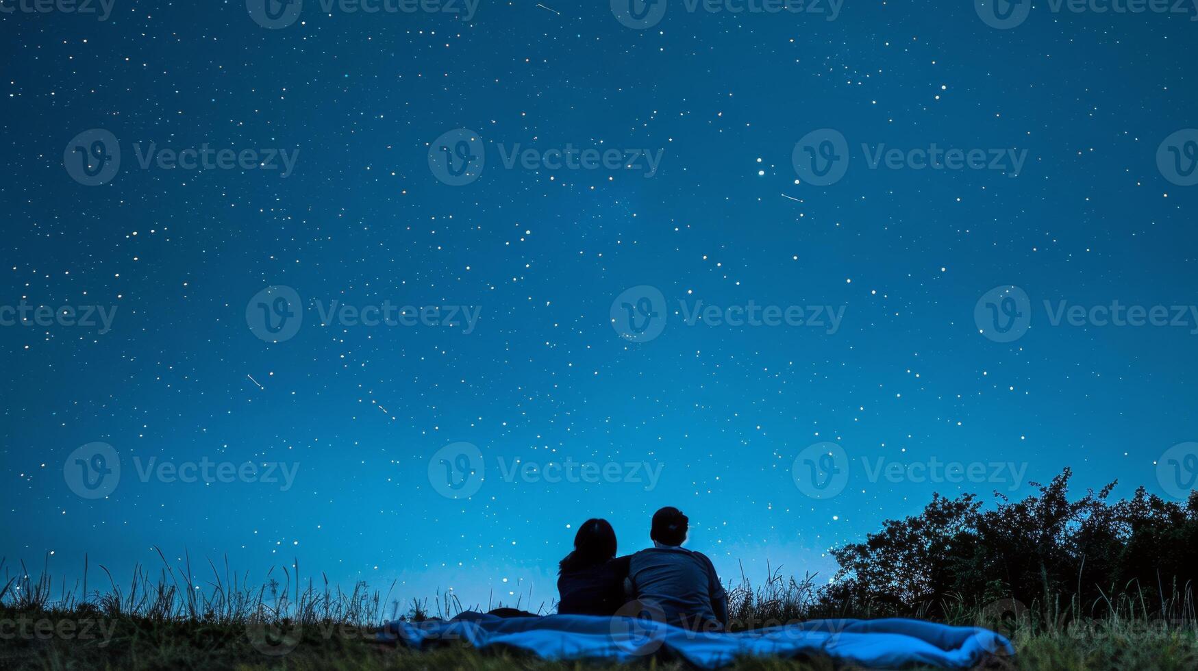 Couple stargazing on blanket in meadow, counting shooting stars on clear summer night photo