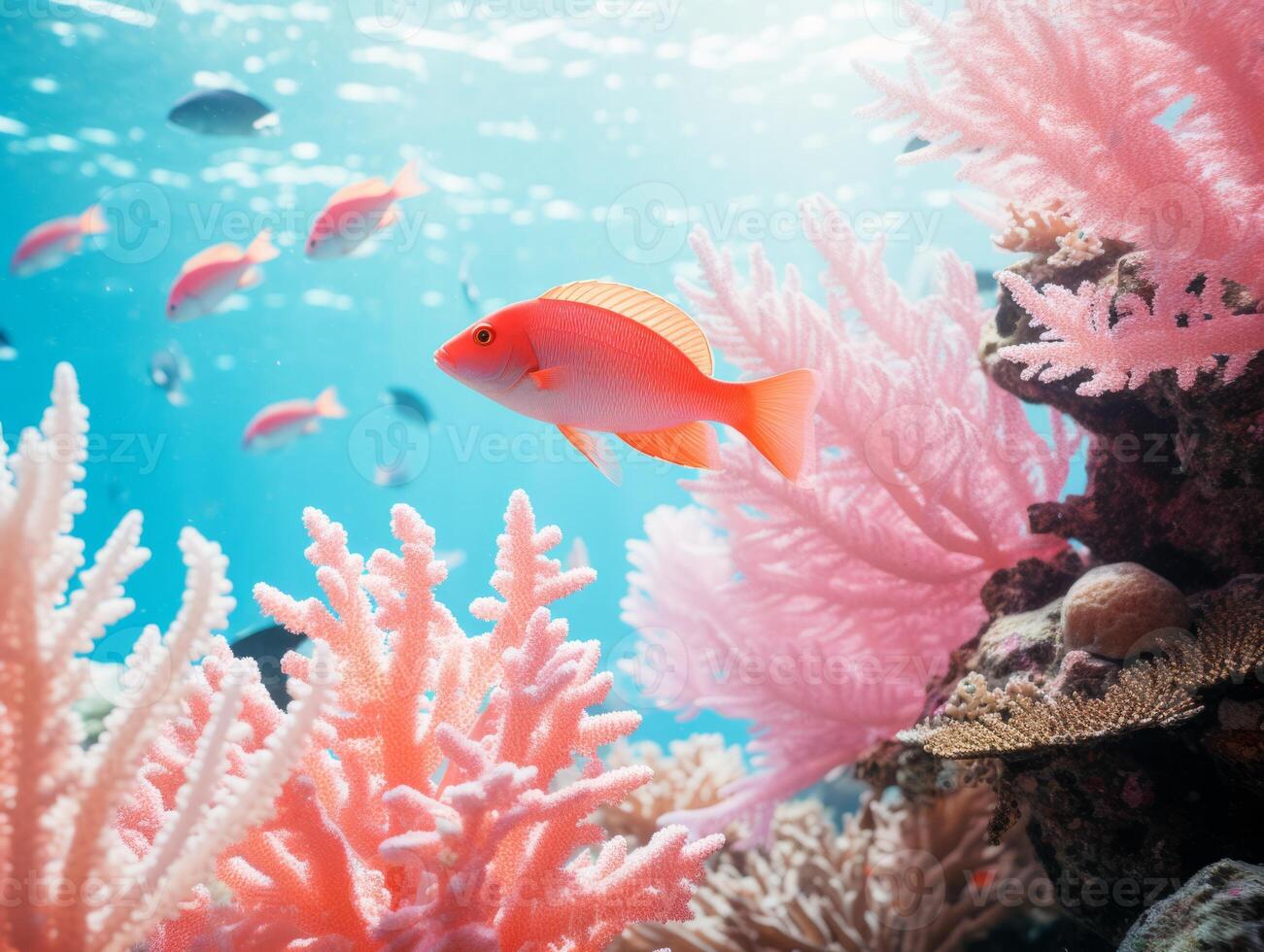Fish is swimming among the coral reef photo