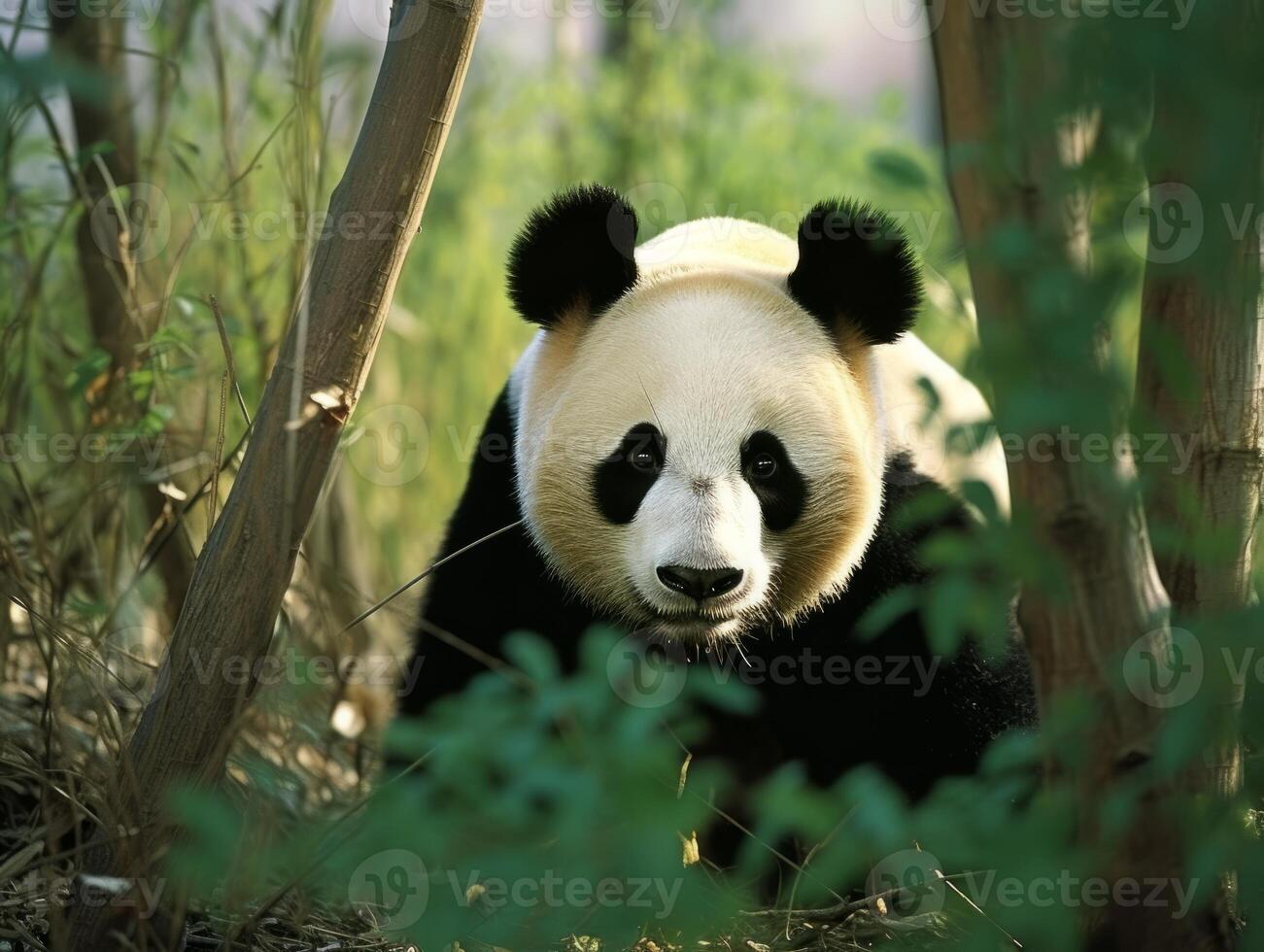 Panda emerging from dense bamboo thicket photo