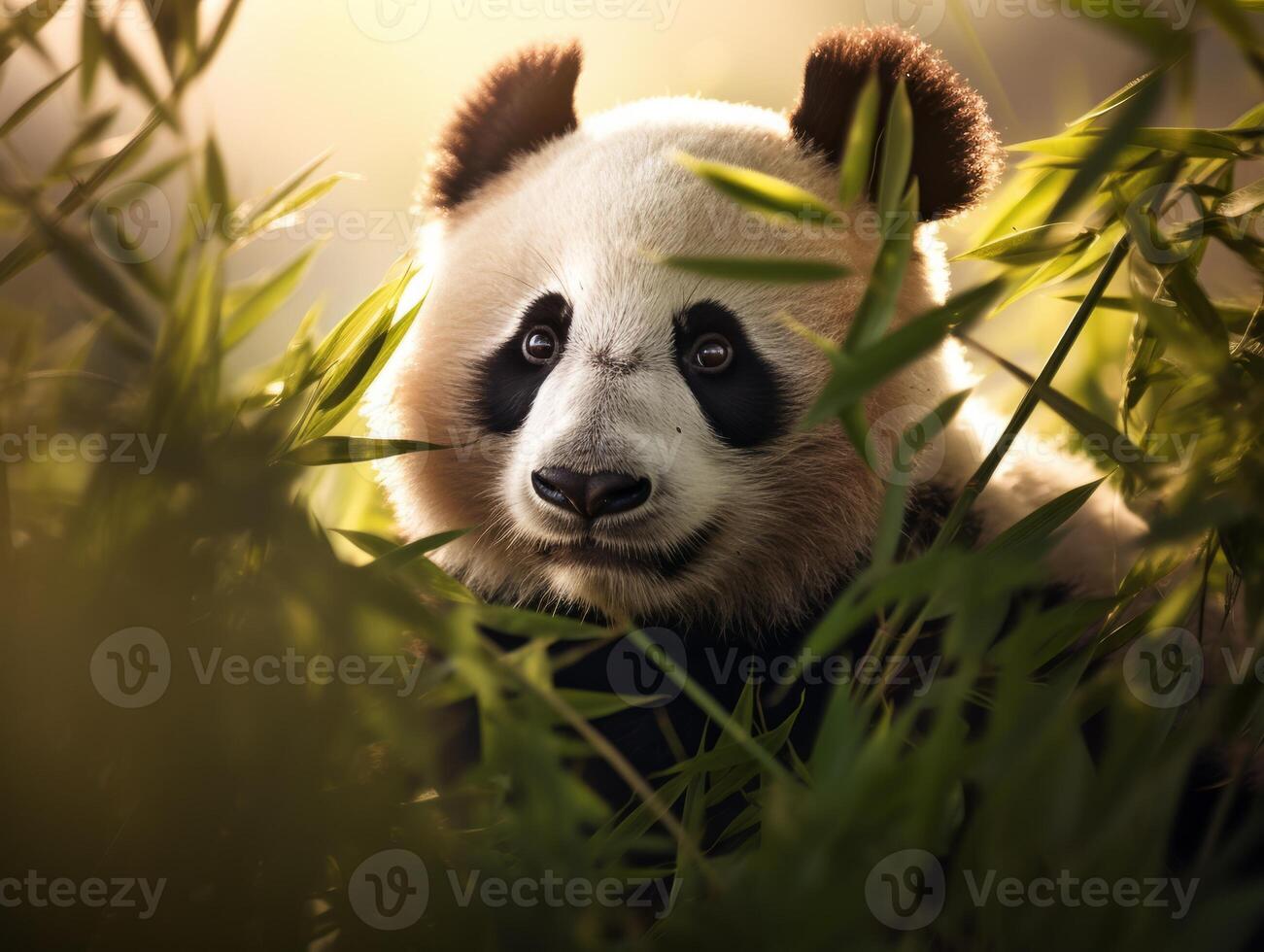 Panda emerging from dense bamboo thicket photo