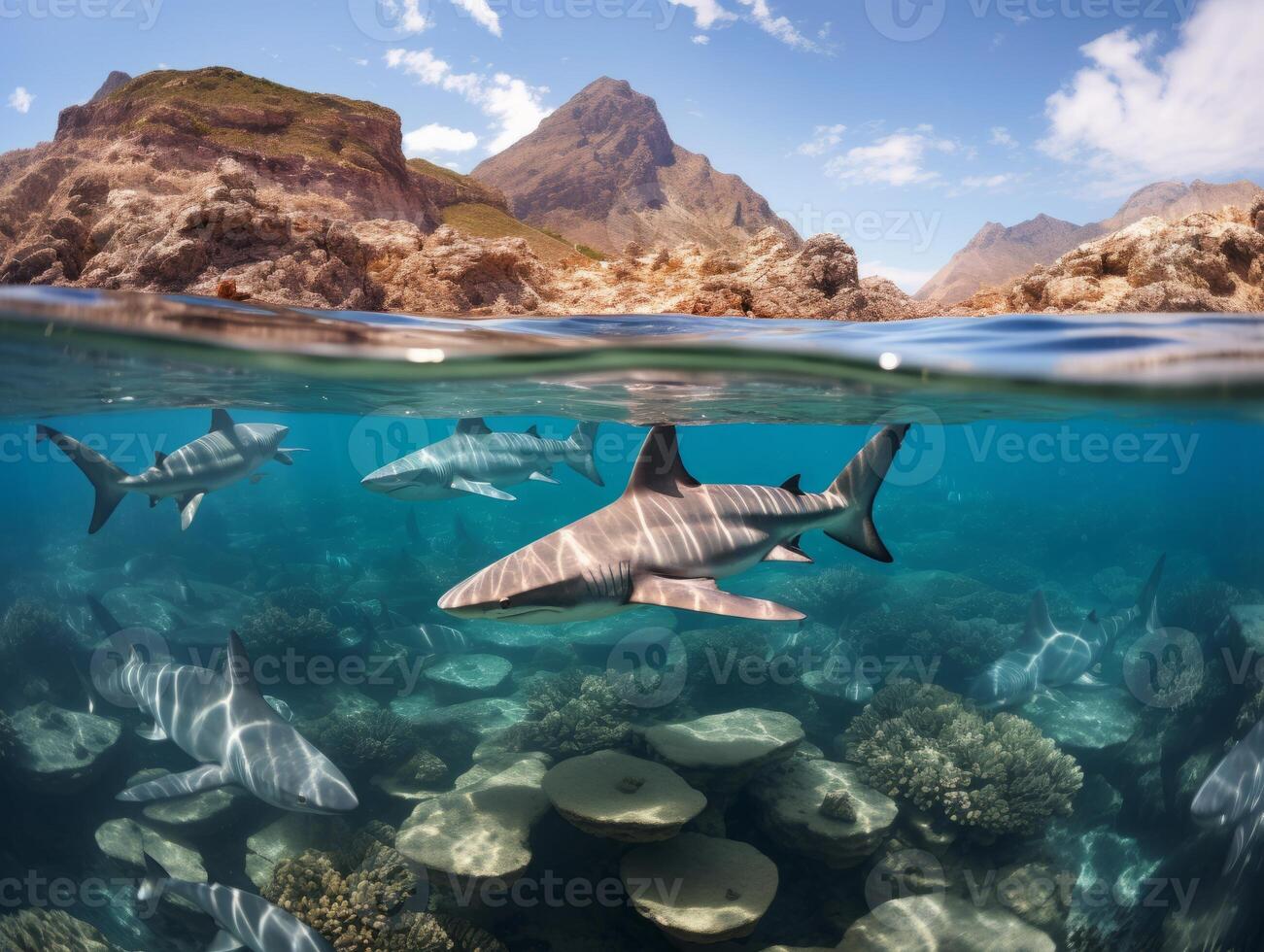 Sharks swimming in crystal clear waters photo
