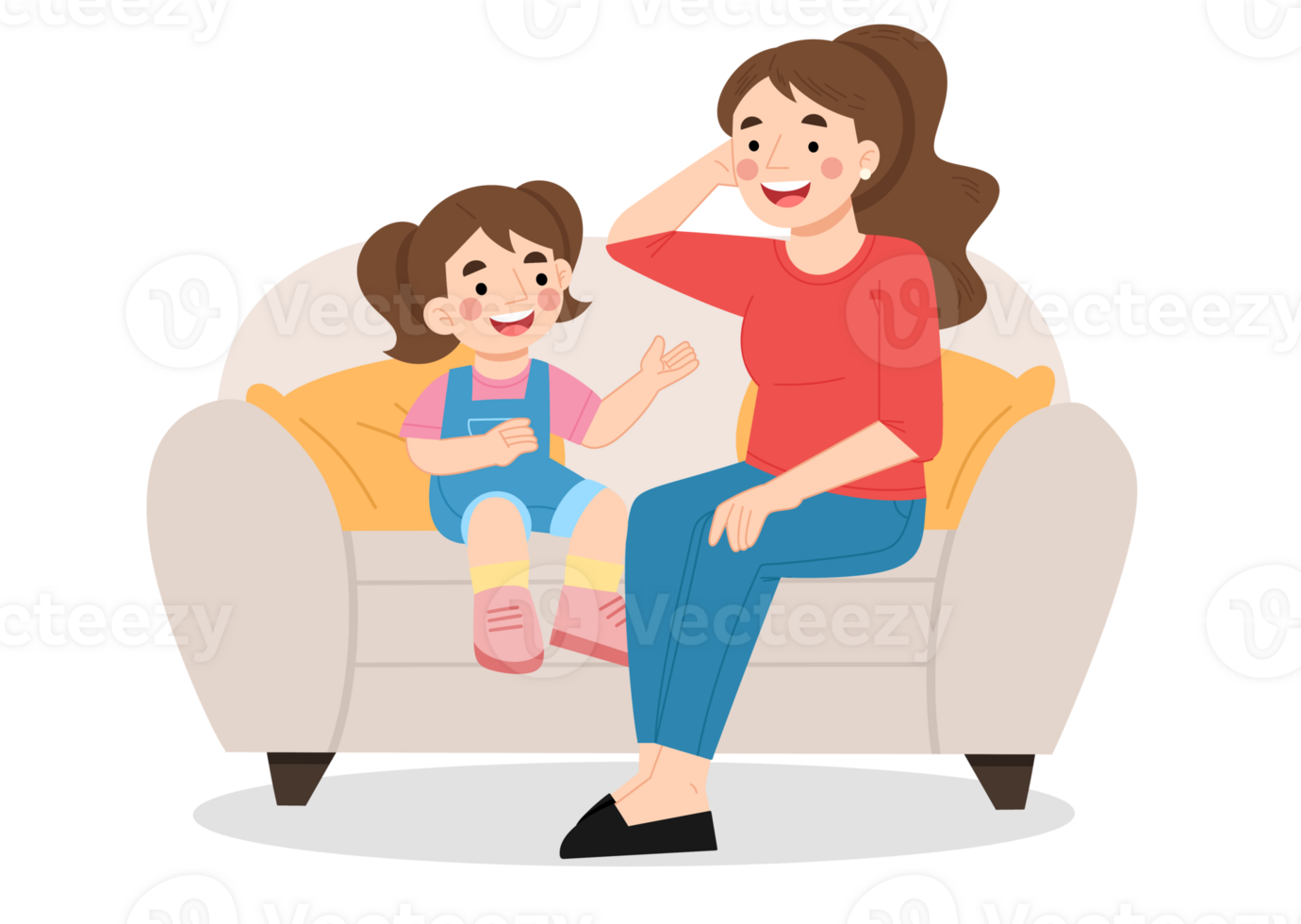 Little girl talking to mother on sofa cartoon illustration png