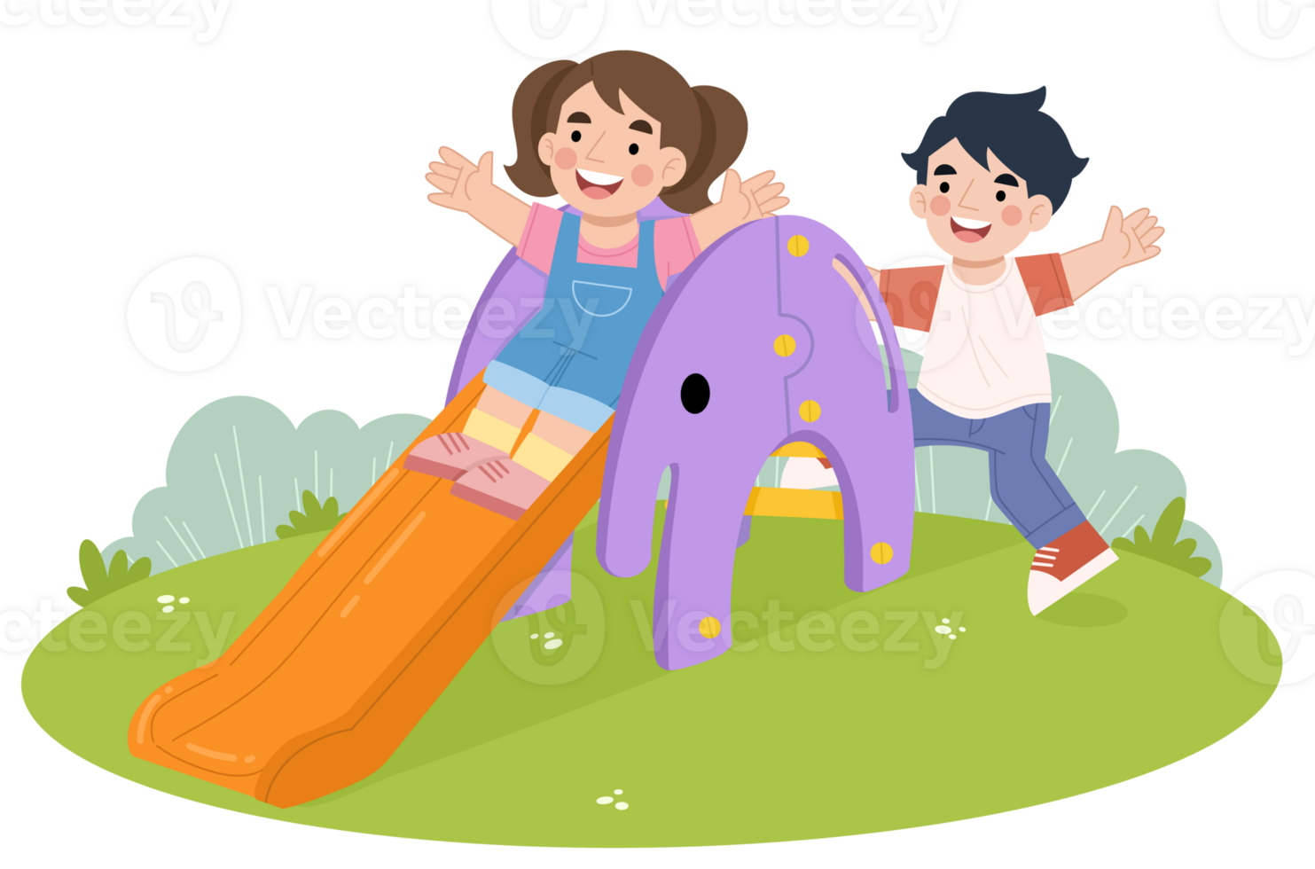 Boy and girl playing on slide cartoon illustration png