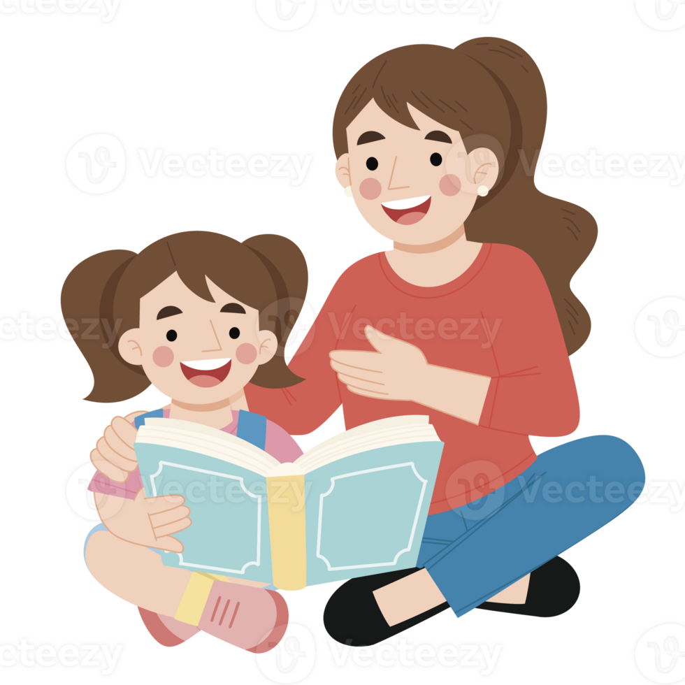 Little girl reading book with mother cartoon illustration png
