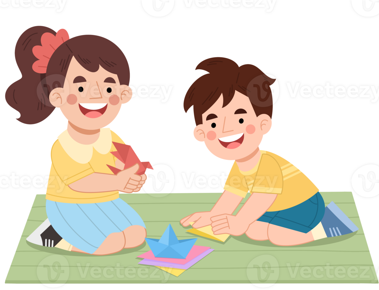 Boy and girl playing folding paper cartoon illustration png
