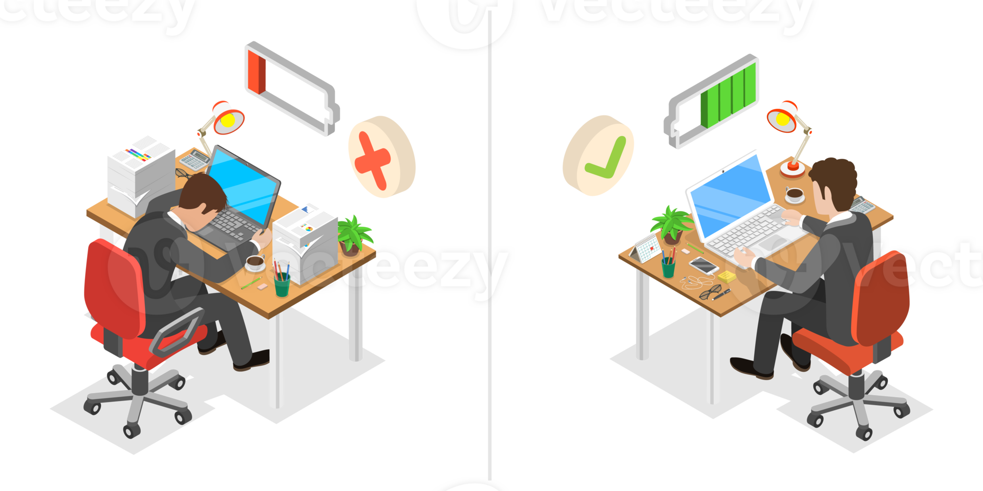 3D Isometric Flat Conceptual Illustration of Healthy Vs Burnout Employee png