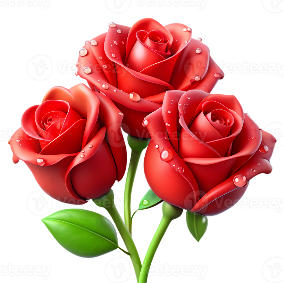 Beautiful 3d red roses with dewdrops, perfect for romantic designs, valentine's day, greeting cards, floral arrangements, and nature-themed projects png