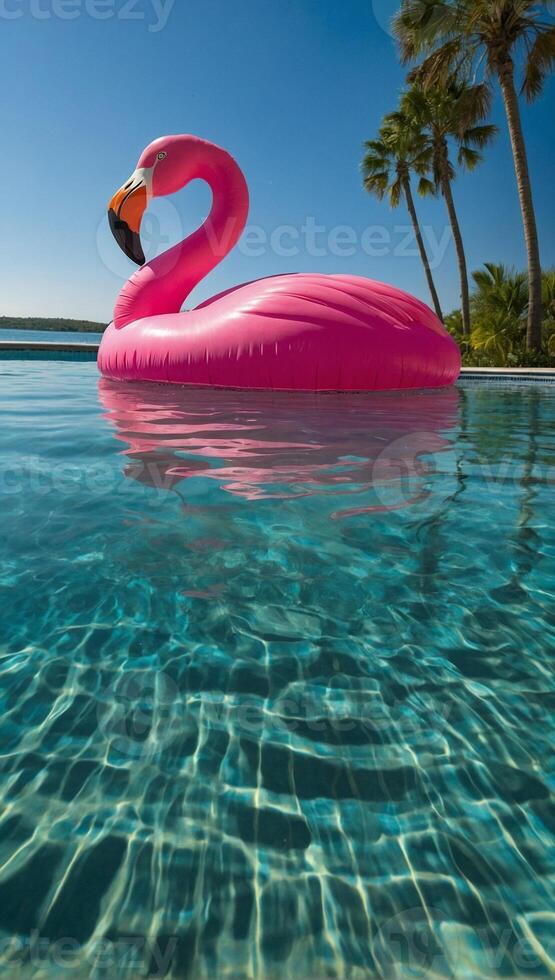 Inflatable pink flamingo floating on the surface of a sparkling blue pool photo