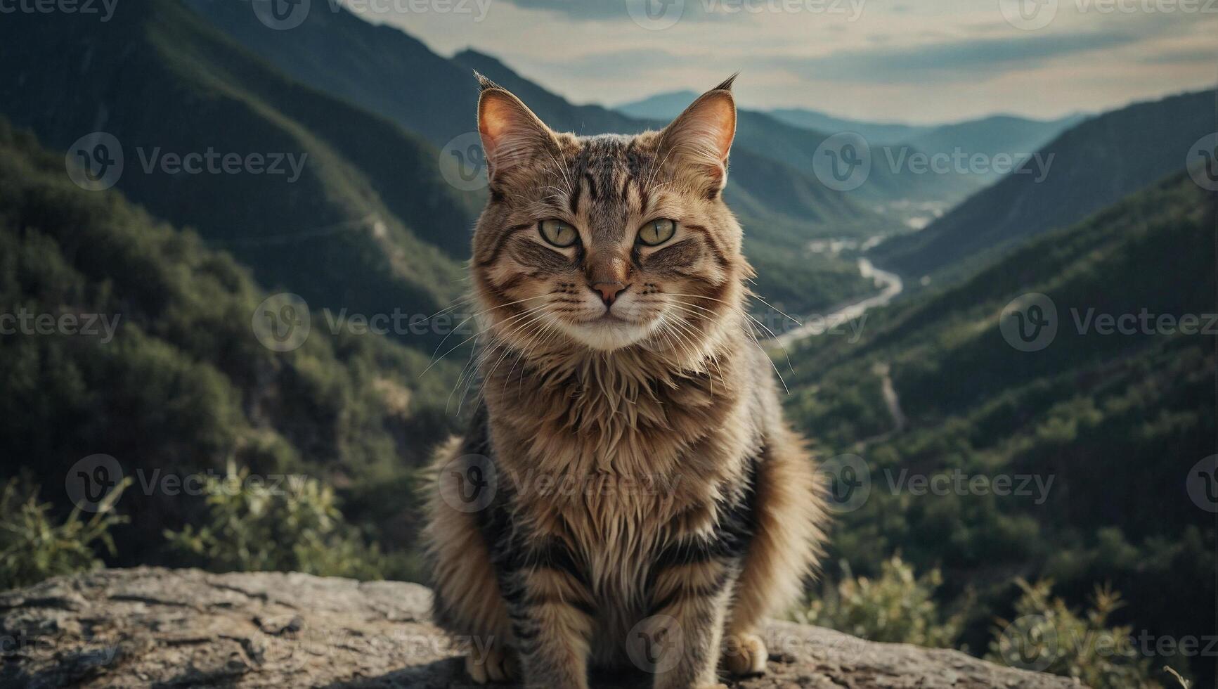 Cat stands proudly at the edge of a mountain with a breathtaking view stretching out behind it photo