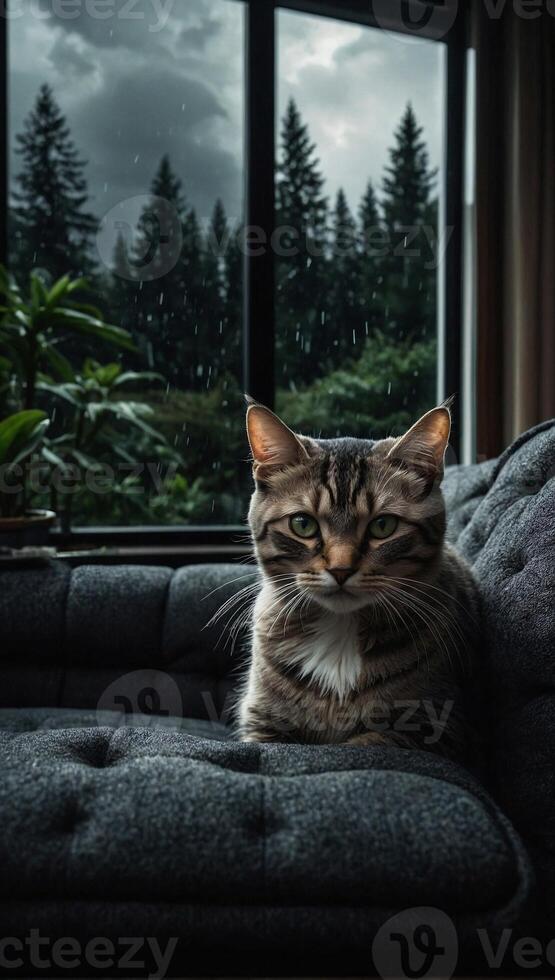 Scene with calm cat lounges comfortably on the black sofa and panoramic window with a forest on the background photo