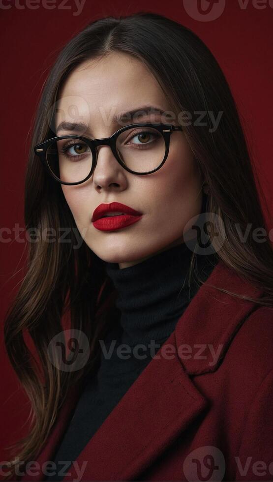 Studio shot of young woman with long straight dark hair and red lips wearing glasses and red coat photo