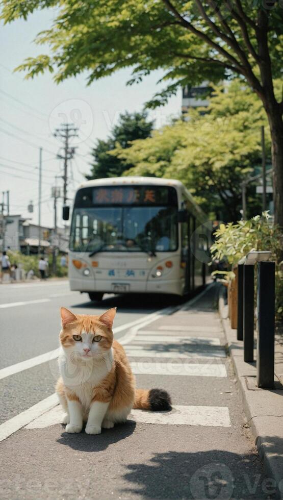 Cute cat sitting next the bus stop at the japanese city street photo