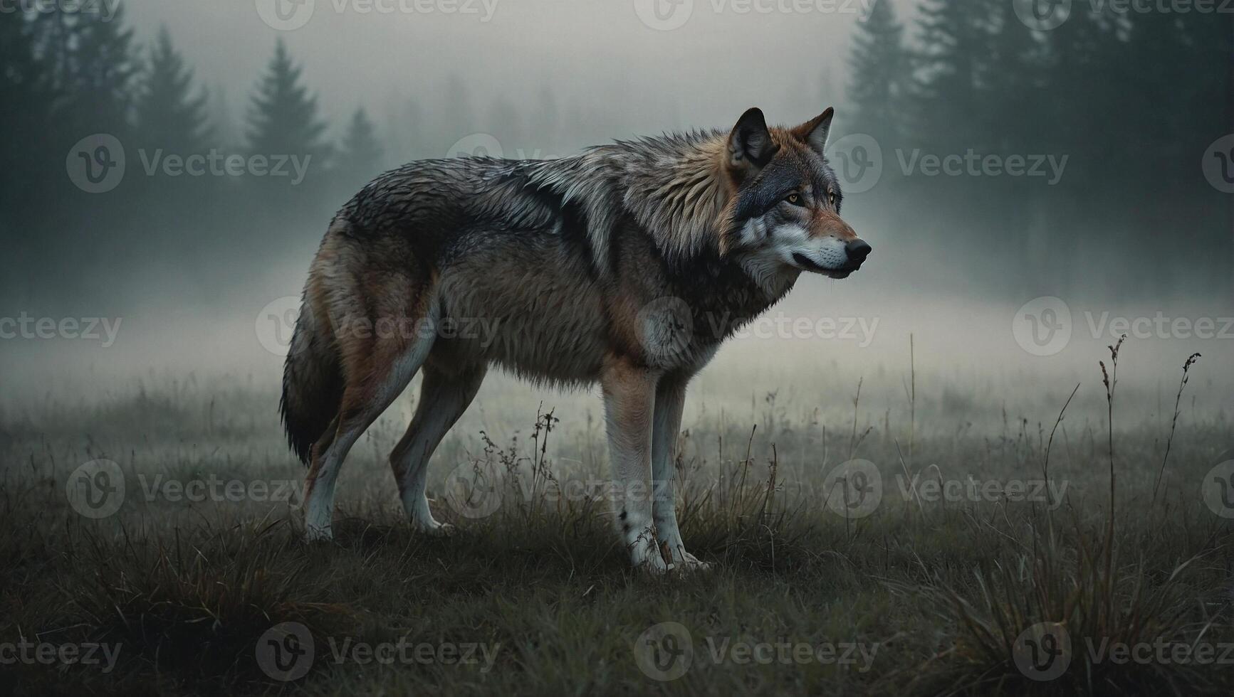 Gray wolf in the foggy field with the forest on the background photo
