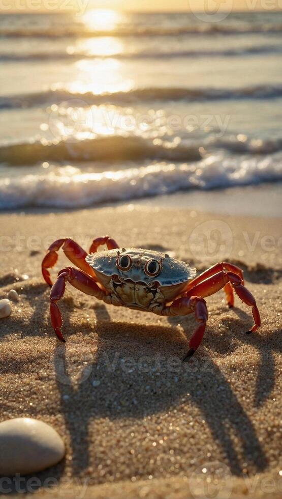Small adorable crab with bright eyes and tiny claws on the sandy beach. Setting sun and the tranquil sea in the background. photo