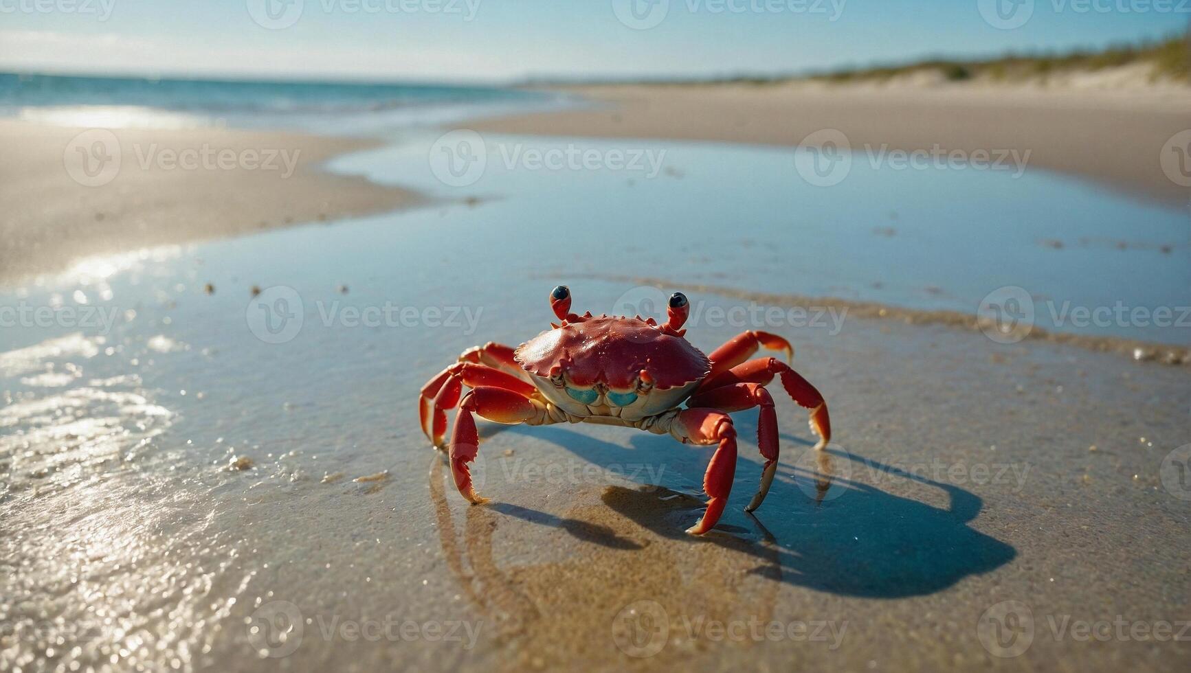 Small adorable crab with bright eyes and tiny claws on the sandy beach. Setting sun and the tranquil sea in the background. photo