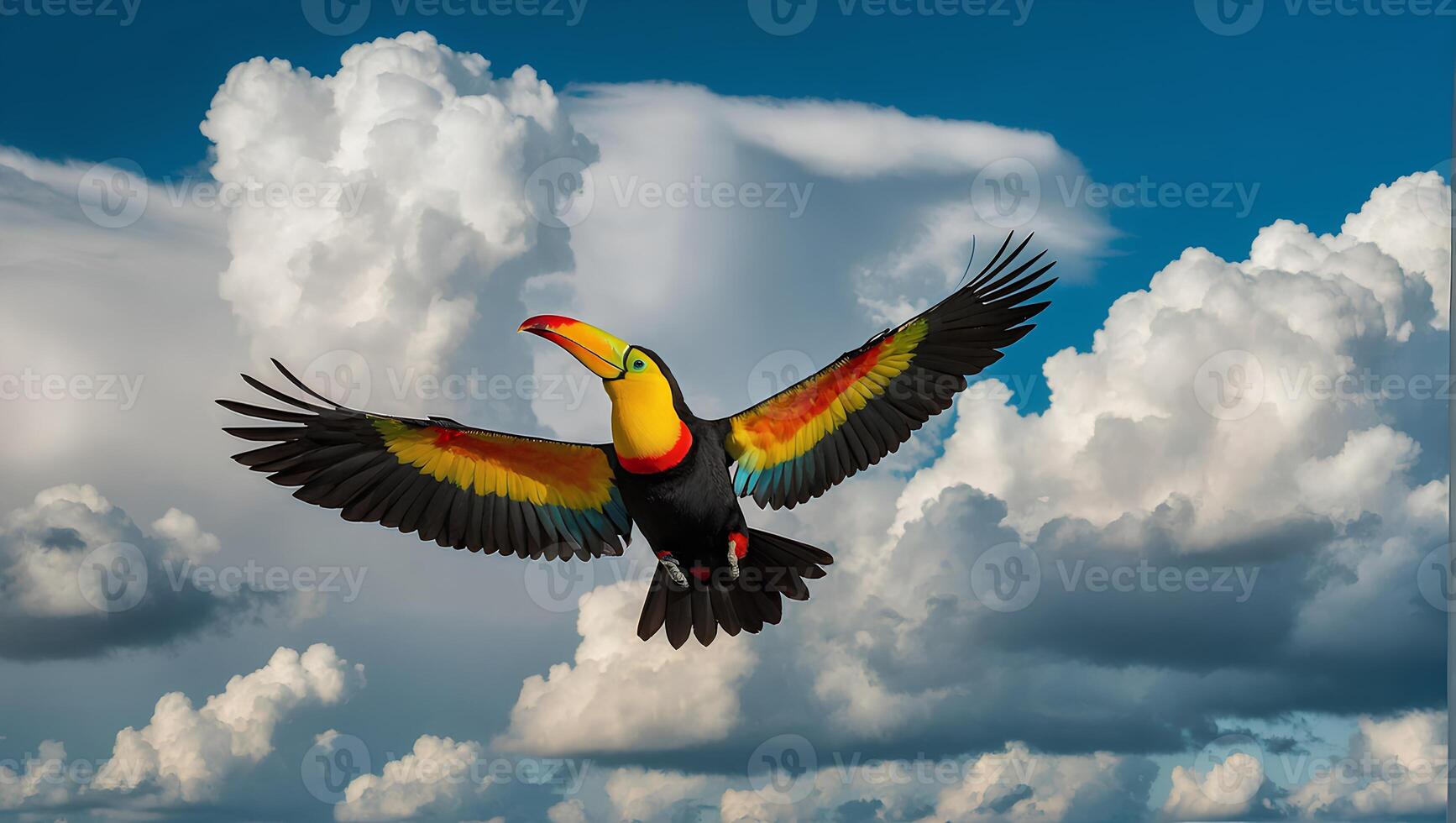 Vividly colored toucan bird soaring high in the sky spreading its wings wide photo